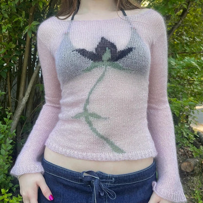 Flower Knit See-Through Long Sleeve Crop Top | Vintage Y2K Sweater