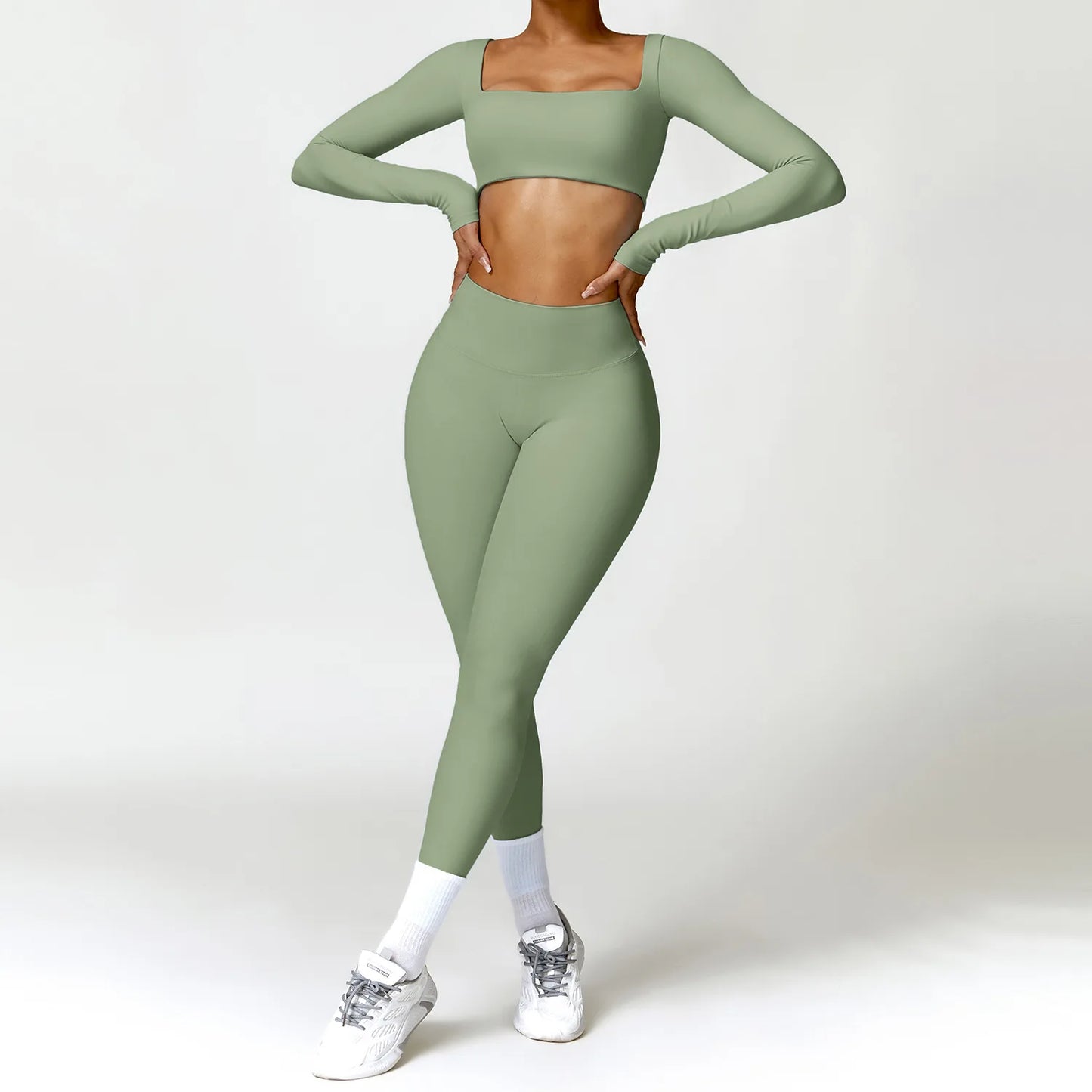 2PCS Yoga Set – High Waist Leggings + Long Sleeve Top | Quick-Dry & Sculpt Fit
