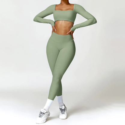 2PCS Yoga Set – High Waist Leggings + Long Sleeve Top | Quick-Dry & Sculpt Fit