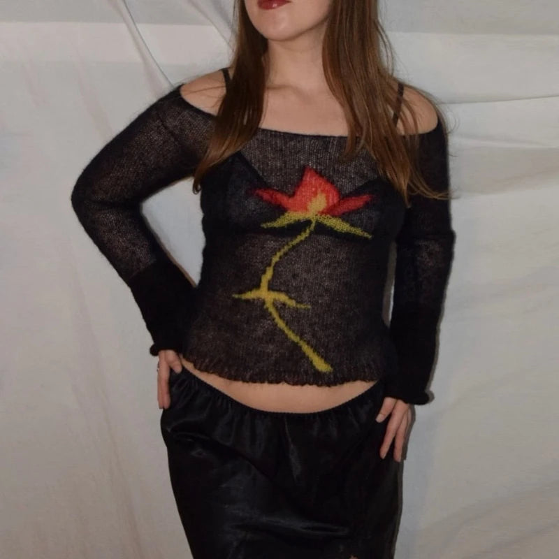 Flower Knit See-Through Long Sleeve Crop Top | Vintage Y2K Sweater